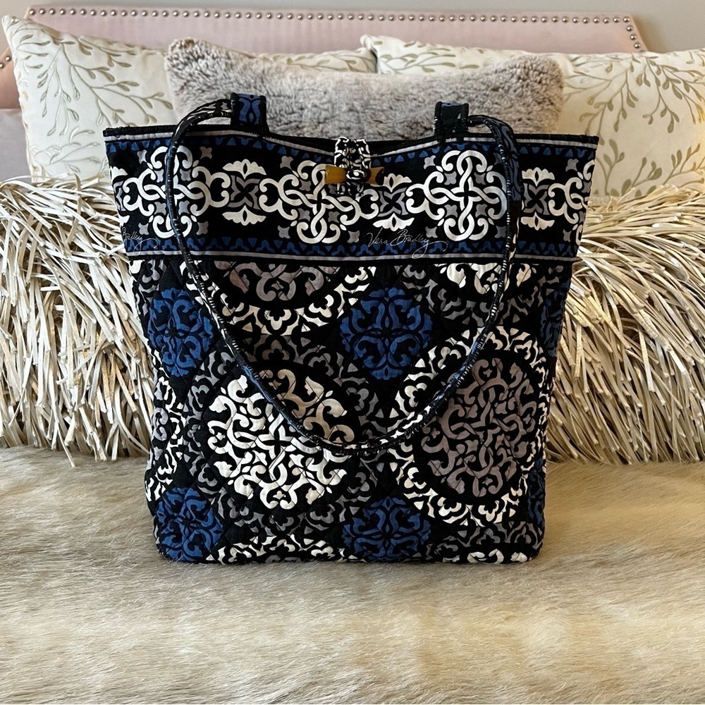 VERA BRADLEY Canterberry Cobalt Medium Toggle Tote Blue Black White REPAIRED